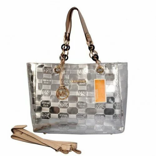 Michael Kors Logo Embossed Leather Large Silver Totes